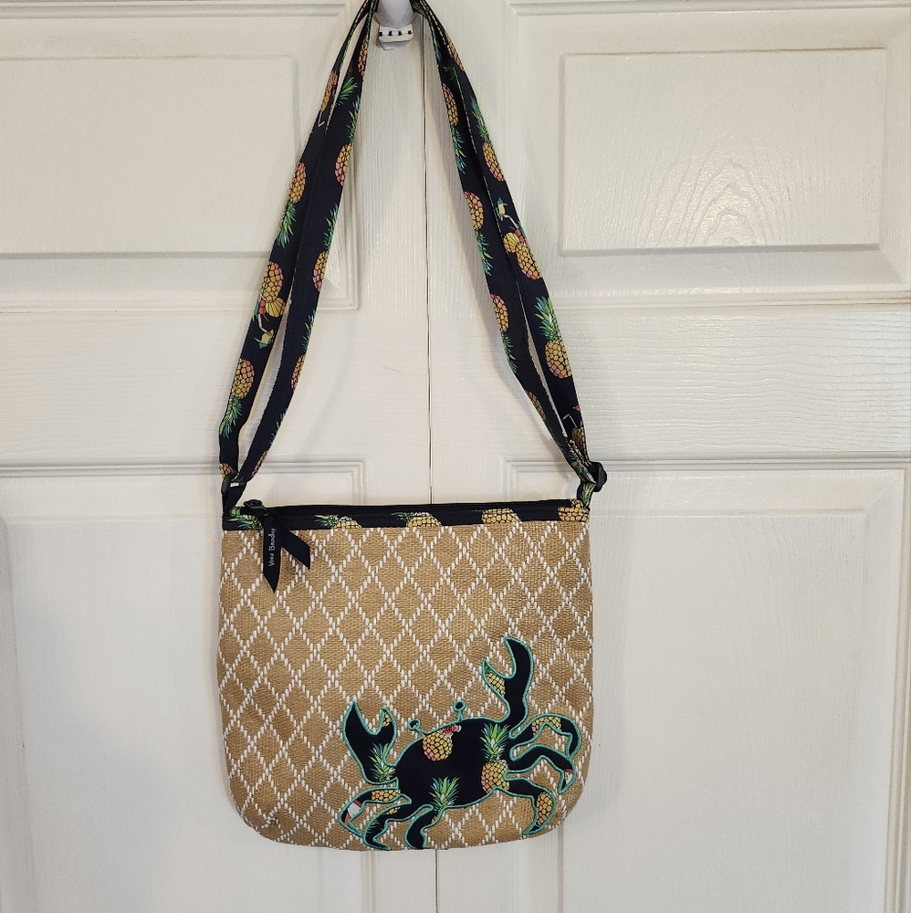 Vera Bradley Crossbody Handbag TOUCAN PARTY Crab Pineapple Straw Woven 10X10.5"